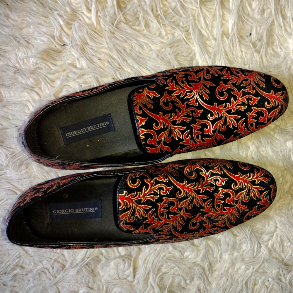 Giorgio Brutini Embroidered Black & Gold Slip On  Dress Shoes Size 10.5